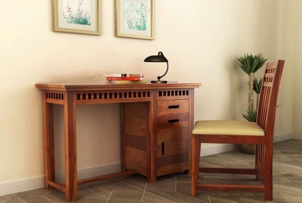 SAAMENIA FURNITURES Sheesham Wood Study Table Workstation & Chair with 2 Drawer and Cabinet Storage Office Desk Writing Tables Solid Wooden Furniture for Study Room Home – Honey Finish