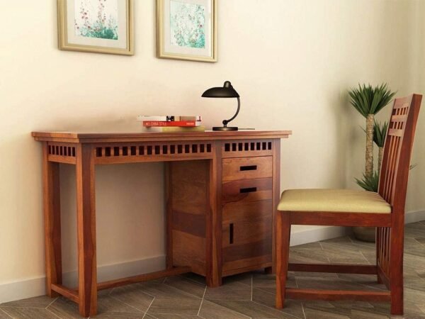 SAAMENIA FURNITURES Sheesham Wood Study Table Workstation & Chair with 2 Drawer and Cabinet Storage Office Desk Writing Tables Solid Wooden Furniture for Study Room Home - Honey Finish