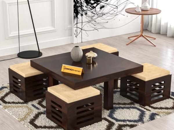 SAAMENIA FURNITURES Solid Sheesham Wood Wooden Centre Table with 4 Stools, Coffee Table, Center Table Teapoy for Living Room, Bedroom, Wooden Home Furniture - Variation
