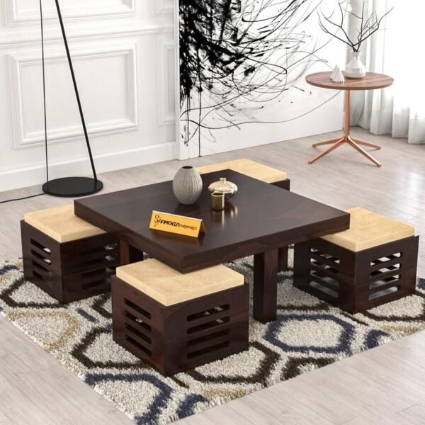 SAAMENIA FURNITURES Solid Sheesham Wood Wooden Centre Table with 4 Stools, Coffee Table, Center Table Teapoy for Living Room, Bedroom, Wooden Home Furniture – Variation