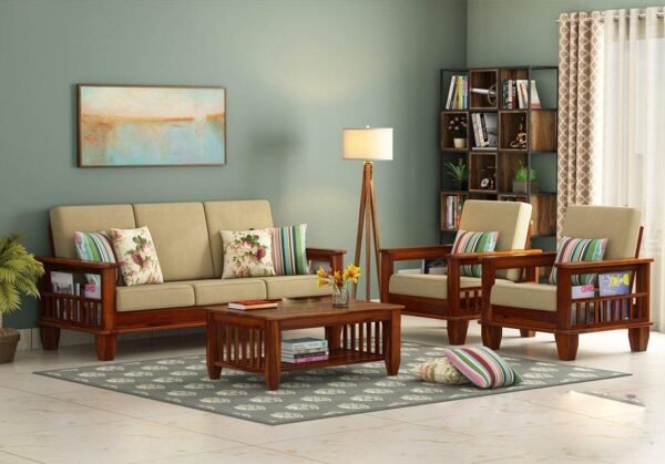 Mamta Furniture Wooden Solid Sheesham Wood 5 Seater Sofa Set with Cushions (5 Seater Sofa | 3+1+1, Honey Finish) – Brown