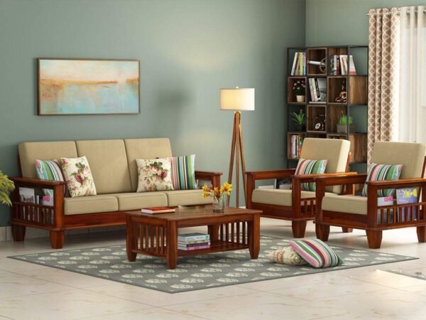 Mamta Furniture Wooden Solid Sheesham Wood 5 Seater Sofa Set with Cushions (5 Seater Sofa | 3+1+1, Honey Finish) - Brown