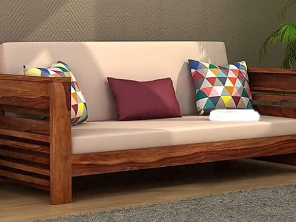 Saamenia Furnitures Solid Sheesham Wooden 3 Seater Sofa Set for Living Room Furniture with Cream Cushions - Honey Finish
