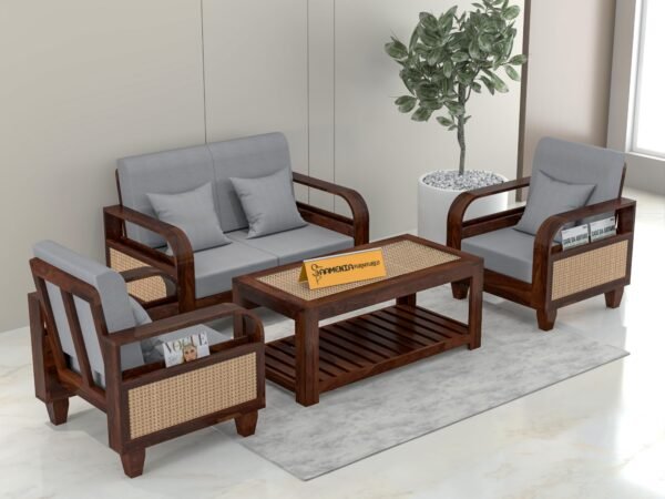 Mamta Furniture Solid Sheesham Wood 4 Seater Sofa Set with Coffee Table | Walnut Finish | 40 Density Cushions | Living Room | Drawing Room | Without Pillow