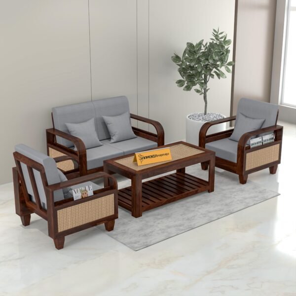 Mamta Furniture Solid Sheesham Wood 4 Seater Sofa Set with Coffee Table | Walnut Finish | 40 Density Cushions | Living Room | Drawing Room | Without Pillow