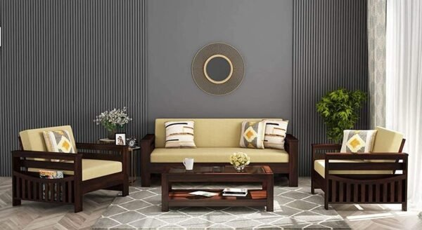 Saamenia furnitures™ Wooden Solid Sheesham Wood 5 Seater Sofa Set with Cushions (5 Seater Sofa | 3+1+1, Walnut Finish)