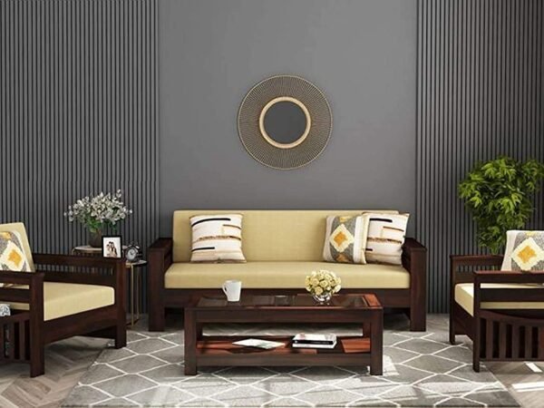Saamenia furnitures™ Wooden Solid Sheesham Wood 5 Seater Sofa Set with Cushions (5 Seater Sofa | 3+1+1, Walnut Finish)