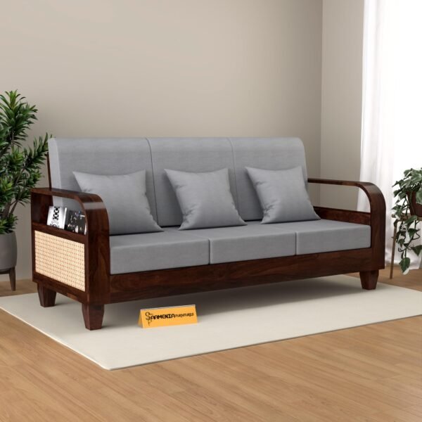 Mamta Furniture Solid Sheesham Wood 3 Seater Sofa Set | Walnut Finish | 40 Density Cushion | Living Room | Drawing Room | Without Pillow