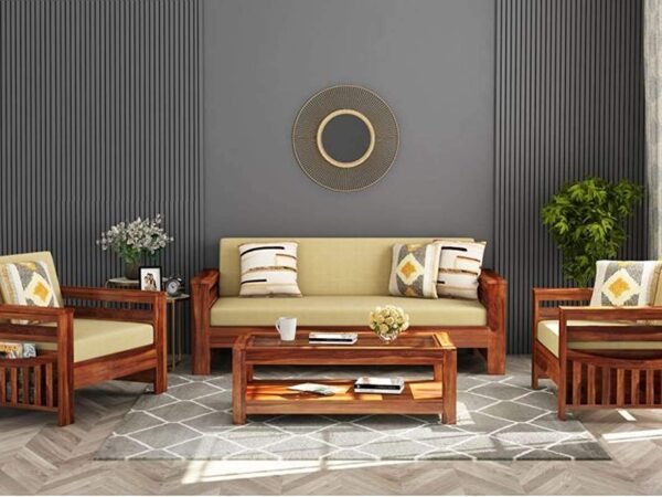 Mamta Furniture Wooden Solid Sheesham Wood 5 Seater Sofa Set with Cushions (5 Seater Sofa | 3+1+1, Honey Finish 1, Brown)