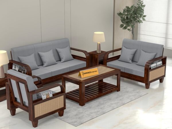 sofa set 1 (Walnut Finish, 6 Seater Sofa 3+2+1 with Coffee Table, Curve Cane Sofa)