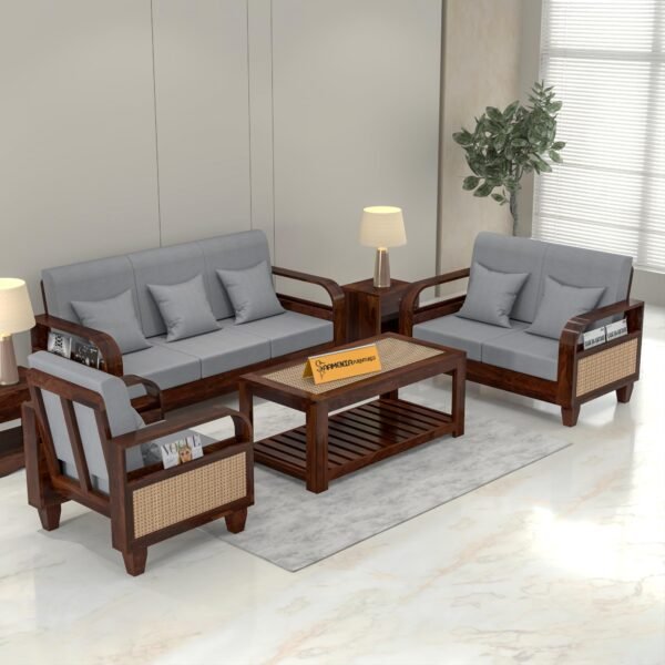 sofa set 1 (Walnut Finish, 6 Seater Sofa 3+2+1, Curve Cane Sofa)