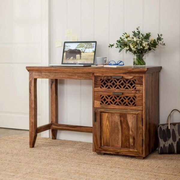 SAAMENIA FURNITURES Sheesham Wood Study Table for Students Laptop Office Desk Workstation Writing Tables with 2 Drawer and Cabinet Storage for Study Room Home Wooden Furniture (Natural Finish)