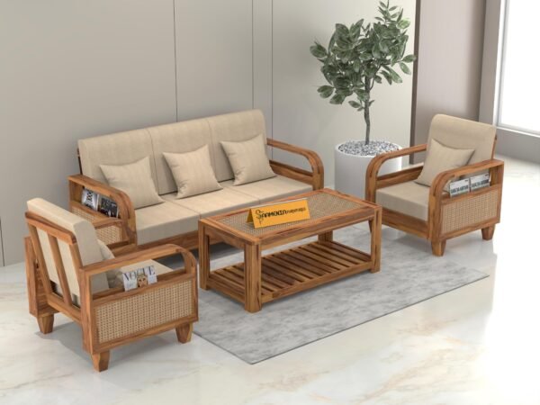 sofa set 1 (Honey Finish, 5 Seater Sofa 3+1+1 with Coffee Table, Curve Cane Sofa)