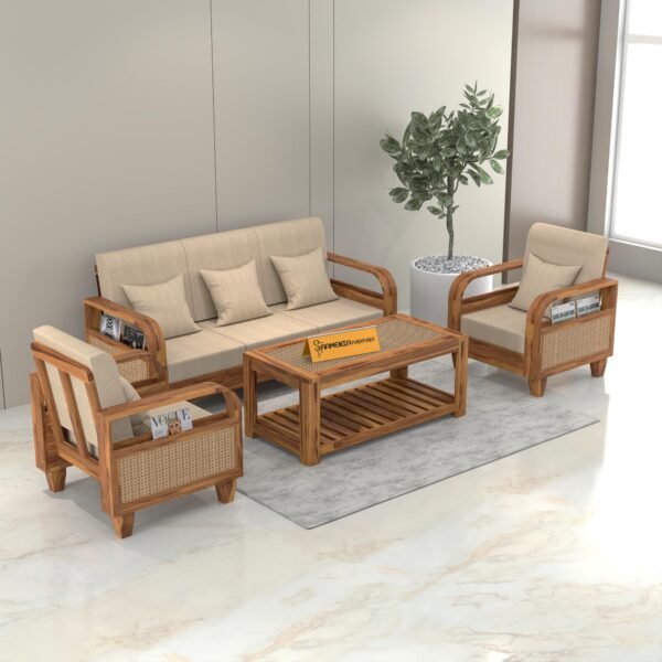 sofa set 1 (Honey Finish, 5 Seater Sofa 3+1+1 with Coffee Table, Curve Cane Sofa)