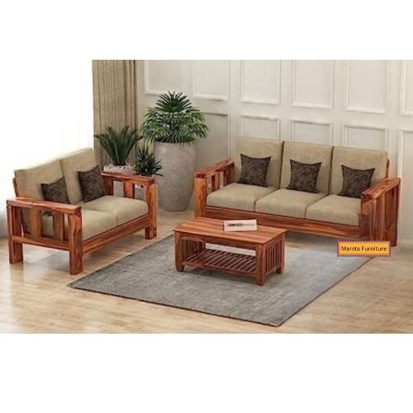 Mamta Furniture 2 Seater Wooden Sofa Set with Plush Cushion | Living Room | Natural Teak Finish | Premium Fabric Upholstery with Soft Velvet Touch | 2+2 Configuration