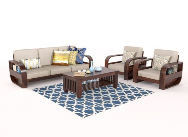 SAAMENIA FURNITURES Teak Wood 5 Seater Sofa Set for Living Room | Sofa Set for Living Room Furniture (3+1+1) | Beige Cushions | Walnut Finish