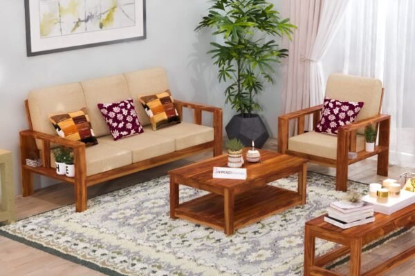 Saamenia Furnitures High Grade Solid sheesham Wooden 4 seater sofa set for living room with Cream Cushions