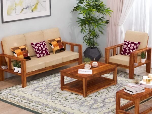 Saamenia Furnitures High Grade Solid sheesham Wooden 4 seater sofa set for living room with Cream Cushions