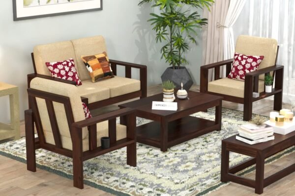 Saamenia Furnitures High Grade Solid sheesham Wooden 4 seater sofa set for living room with Cream Cushions