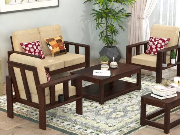Saamenia Furnitures High Grade Solid sheesham Wooden 4 seater sofa set for living room with Cream Cushions