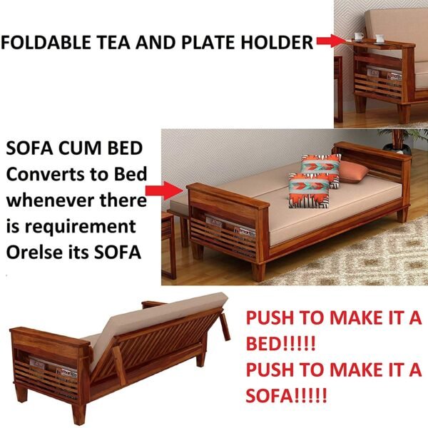 Saamenia furnitures™ Wooden Solid Sheesham Wood Sofa Set with Cushions | 3 Seater Sheesham Wood Sofa Cum Bed for Living Room| Living Room Furniture (Sofa Cum Bed, Honey Finish)