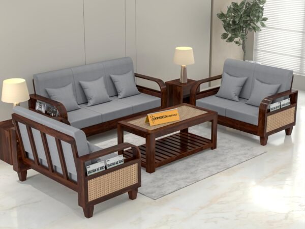 sofa set 1 (Walnut Finish, 7 Seater Sofa 3+2+2, Curve Cane Sofa)