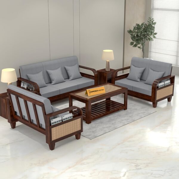 sofa set 1 (Walnut Finish, 7 Seater Sofa 3+2+2 with Coffee Table, Curve Cane Sofa)