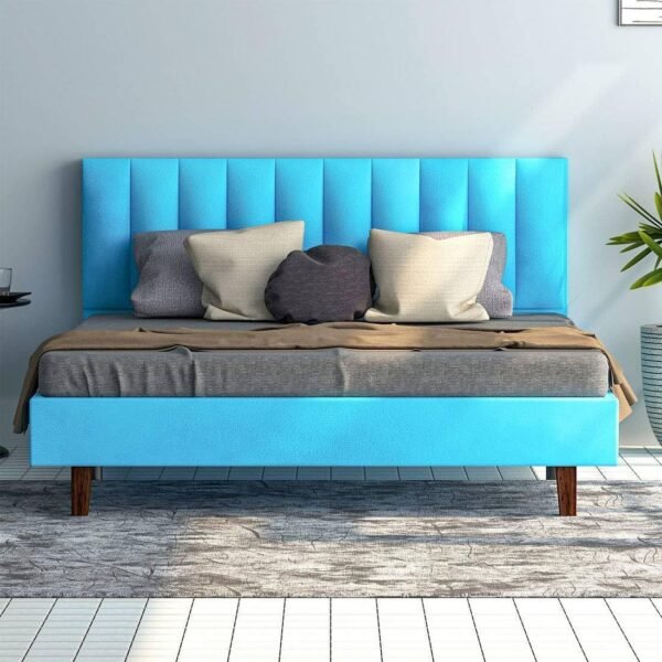Mamta Furniture Fabric Upholstered King Size Bed with Velvet Blue Headboard | Engineered Wood Construction | Bedroom & Hotel Use | Tufted Fabric Finish