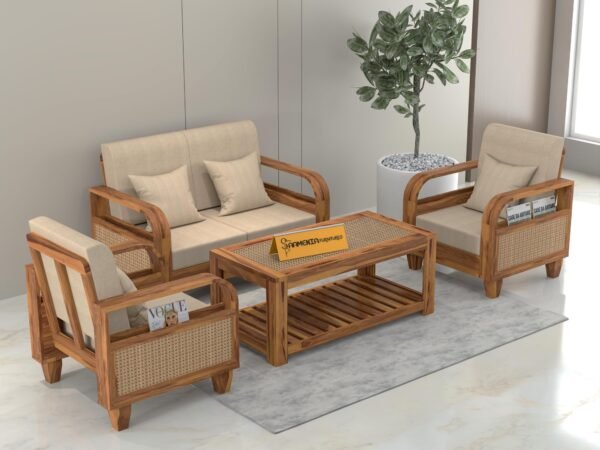 sofa set 1 (Honey Finish, 4 Seater Sofa 2+2 with Coffee Table, Curve Cane Sofa)
