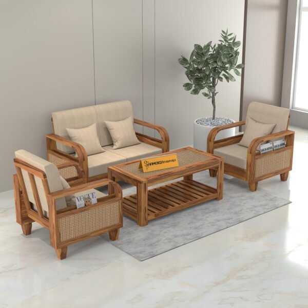 sofa set 1 (Honey Finish, 4 Seater Sofa 2+2 with Coffee Table, Curve Cane Sofa)