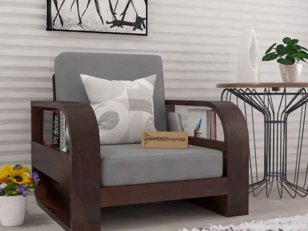 Saamenia Furniture Wooden 1 Seater Sofa Set for Living Room | One Seater Sofa for Office & Lounge | Sheesham Wood, Walnut Finish