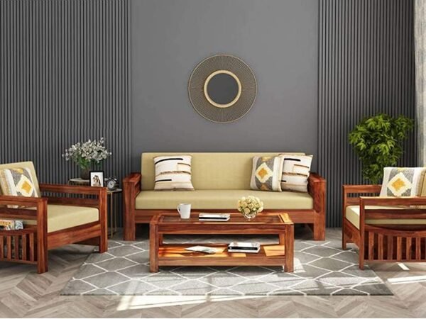 Saamenia furnitures™ Wooden Solid Sheesham Wood 5 Seater Sofa Set with Cushions (5 Seater Sofa | 3+1+1, Honey)