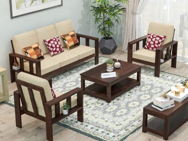 Saamenia Furnitures High Grade Solid sheesham Wooden 5 seater sofa set for living room with Cream Cushions