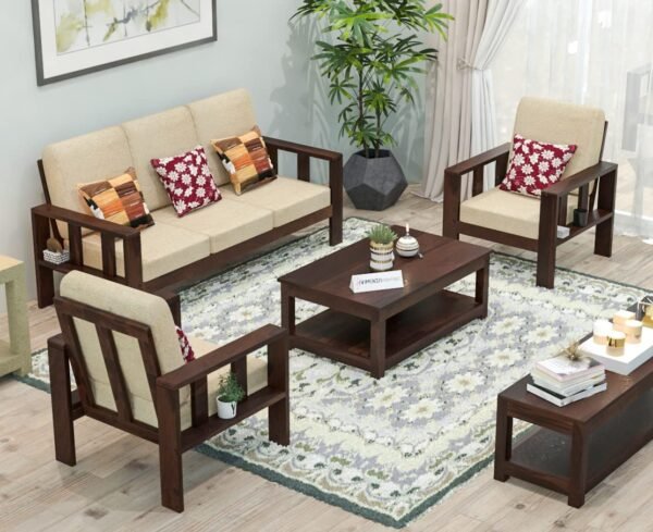 Saamenia Furnitures High Grade Solid sheesham Wooden 5 seater sofa set for living room with Cream Cushions