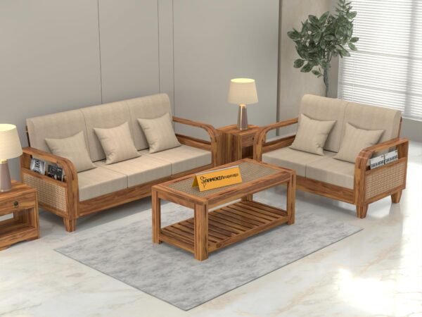 sofa set 1 (Honey Finish, 5 Seater Sofa 3+2 with Coffee Table, Curve Cane Sofa)