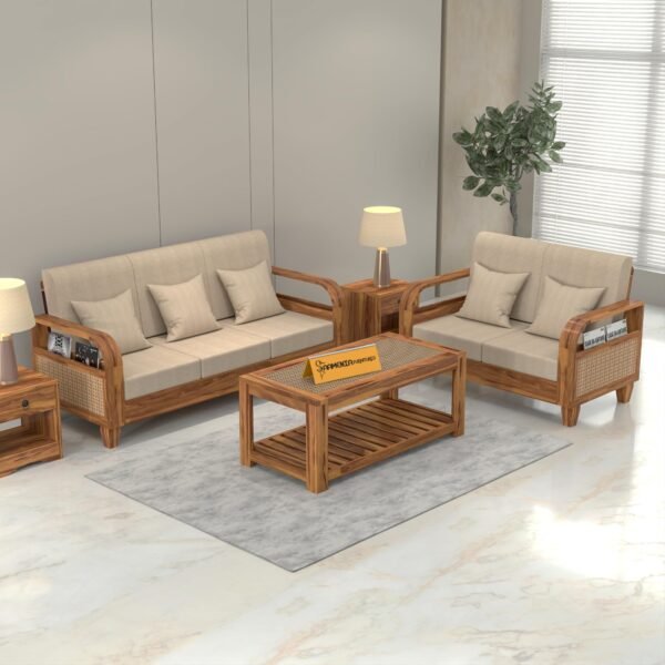 sofa set 1 (Honey Finish, 5 Seater Sofa 3+2, Curve Cane Sofa)