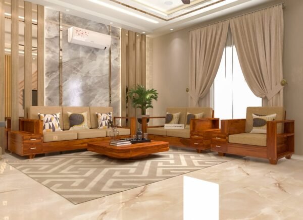 Saamenia Furnitures Wooden Sheesham Teak Wood Sofa Set 6 Seater Without Pillow For Living Room & Office Furniture -Honey Finish (3+2+1)