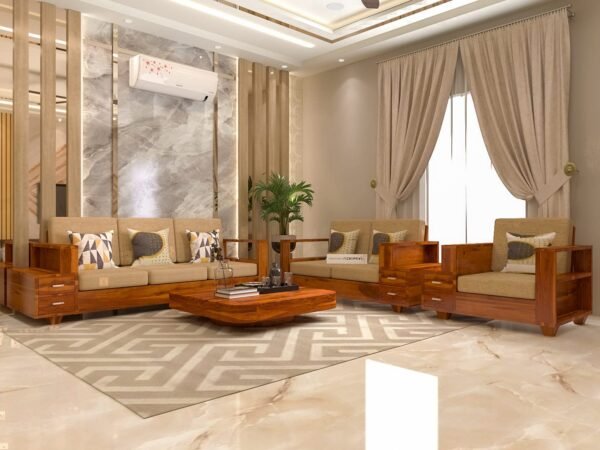 Saamenia Furnitures Wooden Sheesham Teak Wood Sofa Set 6 Seater Without Pillow For Living Room & Office Furniture -Honey Finish (3+2+1)