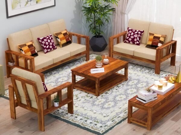 Saamenia Furnitures High Grade Solid sheesham Wooden 6 seater sofa set for living room with Cream Cushions