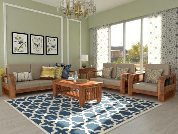 SAAMENIA FURNITURES Teak Wood 6 Seater Sofa with coffee table Set for Living Room | Sofa Set for Living Room Furniture (3+2+1)