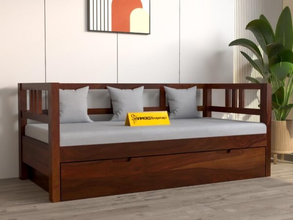 Mamta Furniture Wooden Couch Diwan Sofa Settee with Mattress For Living Room And Office|Three 3-Person Sofa|Sheesham Wood (Walnut)