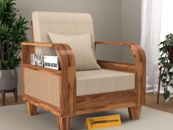 Mamta Furniture Solid Sheesham Wood 1 Seater Sofa with Cushion and Side Magazine Holder | Honey Finish | Living Room | Home and Office | Drawing Room | Without Pillow