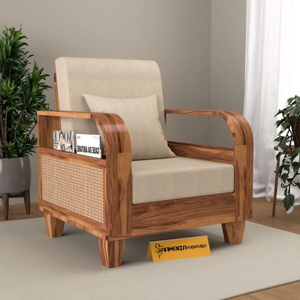 Mamta Furniture Solid Sheesham Wood 1 Seater Sofa with Cushion and Side Magazine Holder | Honey Finish | Living Room | Home and Office | Drawing Room | Without Pillow