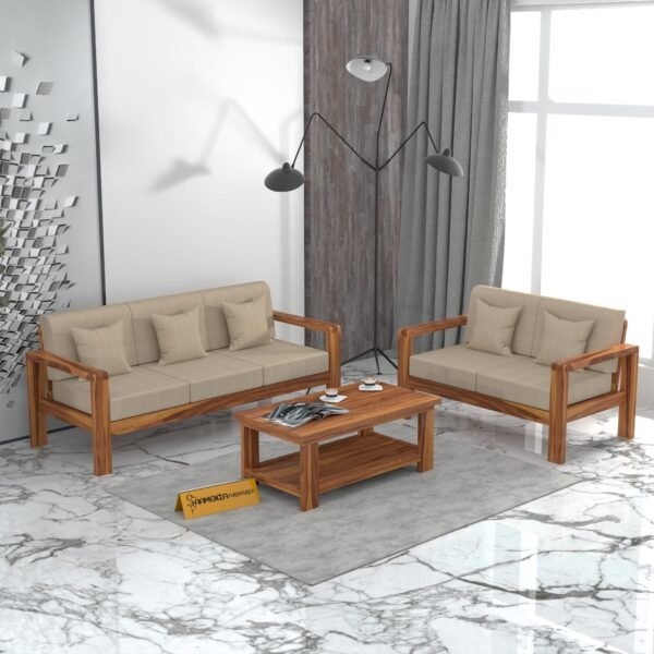 sofa set 1 (Honey Finish, 5 Seater Sofa 3+2 with Coffee Table, Edge Sofa)