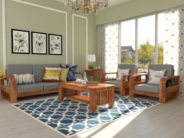 Saamenia Furniture Wooden 5 Seater Sofa Set for Living Room | Five Seater Sofa for Office & Lounge | 3+1+1 Seater Sofa Sets for Home | Sheesham Wood, Honey Finish