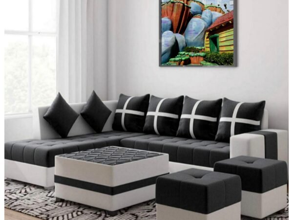 Mamta Furniture L Shape 7 Seater Sofa Set with Center Table & 2 Puffy Cushions | Fabric Upholstery | Modern Elegant Grey Finish | Living Room & Hotel Lounge