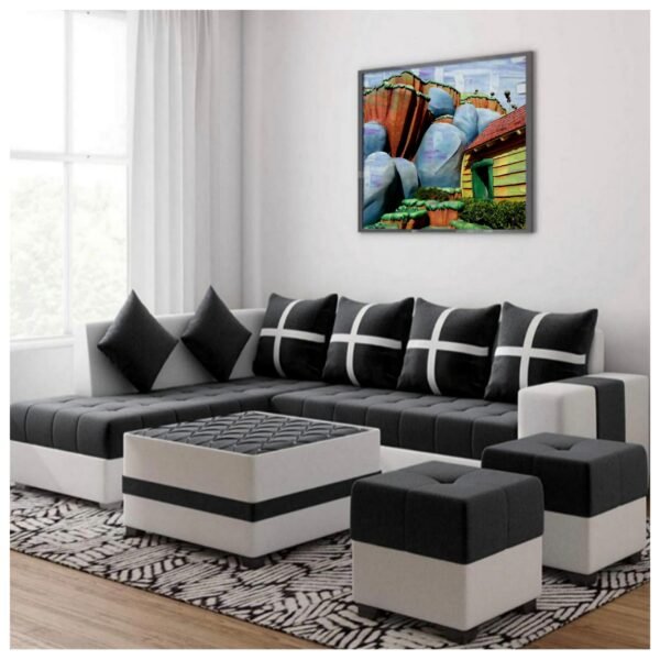 Mamta Furniture L Shape 7 Seater Sofa Set with Center Table & 2 Puffy Cushions | Fabric Upholstery | Modern Elegant Grey Finish | Living Room & Hotel Lounge