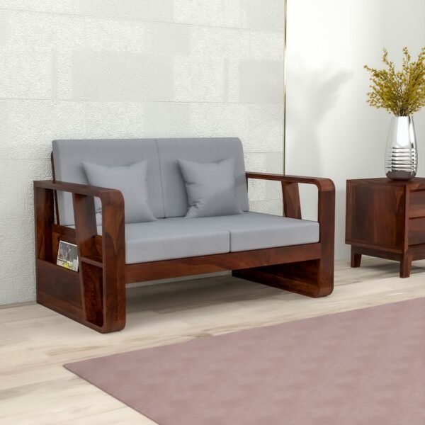Mamta Furniture Solid Sheesham Wood 2 Seater Sofa with Side Storage | Walnut Finish | 40 Density Cushions | Living Room | Drawing Room | Without Pillow