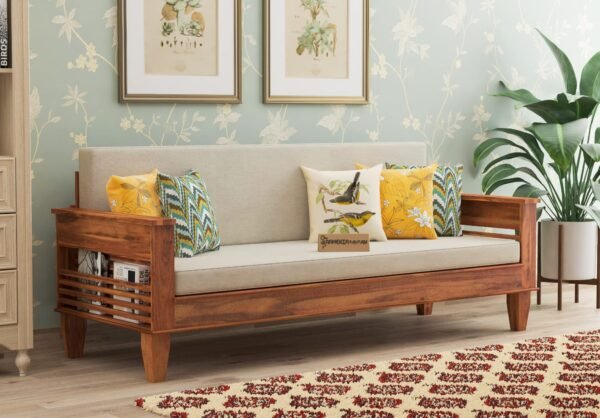 SAAMENIA FURNITURES™ Wooden Solid Sheesham Wood Sofa Set with Cushions | 3 Seater Sheesham Wood Stretching Sofa for Living Room | Living Room Furniture