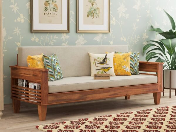 SAAMENIA FURNITURES™ Wooden Solid Sheesham Wood Sofa Set with Cushions | 3 Seater Sheesham Wood Stretching Sofa for Living Room | Living Room Furniture
